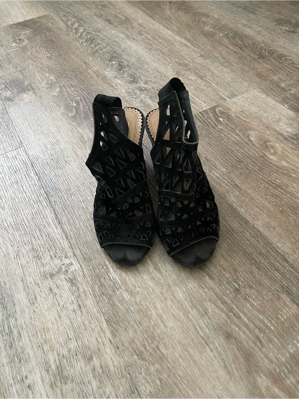 Restricted Black Cutout Wedge Slingbacks